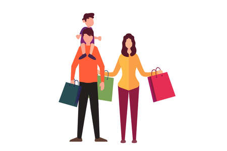 Family shopping vector concept: group of family carrying shopping bags, isolated in white backgroundのイラスト素材