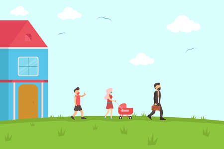 New Normal vector concept: group of family wearing face masks while walking on the hillsのイラスト素材