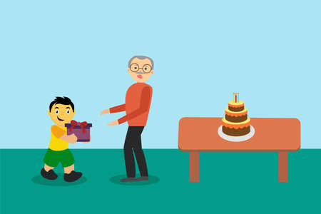 Grandfather birthday vector concept: cute boy giving a present box to his grandfather