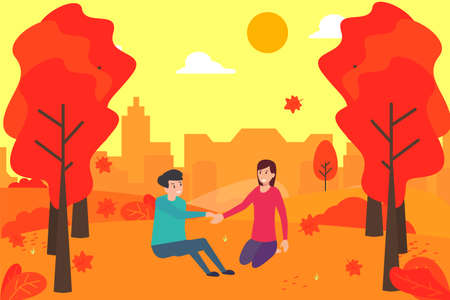 Autumn romance vector concept: couple holding hands happily while sitting on the autumn parkのイラスト素材