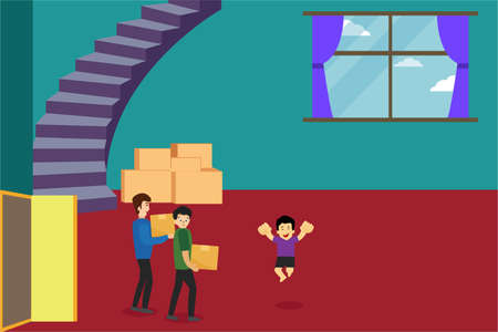 Home relocation vector concept: group of family carrying cardboard boxes to their new home joyfully
