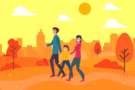 Family moment vector concept: group of family walking together at the autumn park happilyのイラスト素材