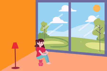 Abused child vector concept: girl crying and hugging her knees in the cornerのイラスト素材