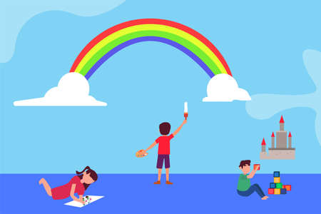 Kindergarten vector concept: group of children drawing and playing blocksのイラスト素材