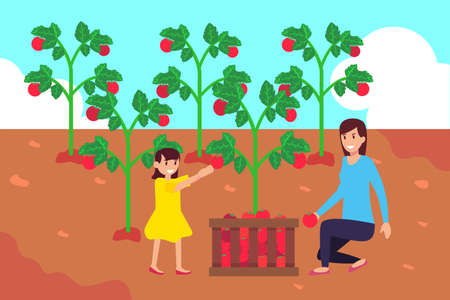 Parenthood vector concept: girl with her mother harvesting tomatoes happilyのイラスト素材