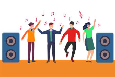 Hipster vector concept: group of teenagers dancing together happilyのイラスト素材