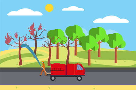 Wildfire vector concept: firefighter spraying liquid from the hose to extinguish the wildfireのイラスト素材