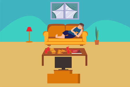 Obesity vector concept: fat boy eating pizza and lying on the sofa lazily while watching televisionのイラスト素材