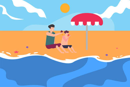 Fatherhood vector concept: father eating ice cream along with his son happily while sightseeing at the beachのイラスト素材