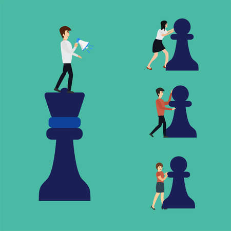 Business strategy vector concept: businessman commanding his group of employees to push the big pawn piecesのイラスト素材