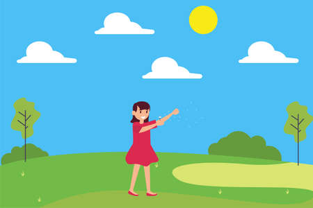 Summer vector concept: girl plucking dandelion off playfully in the middle of the green hillsのイラスト素材