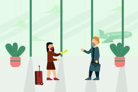 New Normal vector concept: man and woman wearing face masks while talking each other in airport flight queueのイラスト素材