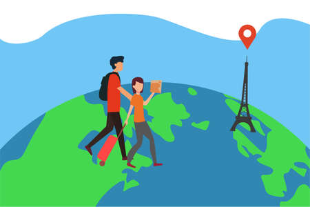 France travel vector concept: couple walking towards the Eiffel tower with a guide in their hands on the globeのイラスト素材