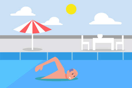 Swimming pool vector concept: old man swimming in the pool happily at summer timeのイラスト素材