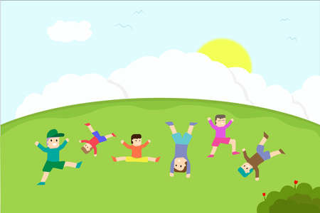 Childhood vector concept: group of happy children playing actively on the green hillsのイラスト素材