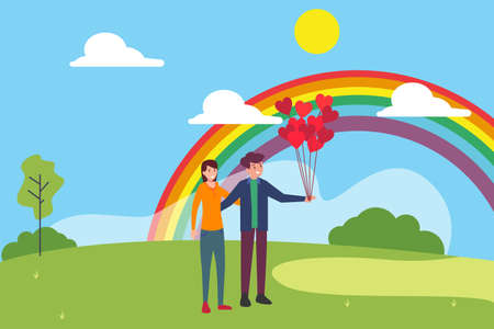 Valentine's Day vector concept: man carrying heart shape balloons while hugging his girlfriend in the middle of the green hillsのイラスト素材