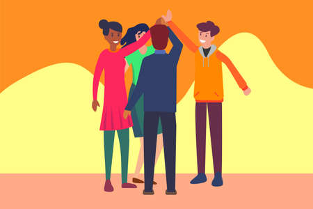 Friendship vector concept: group of diverse teenagers doing high five togetherのイラスト素材