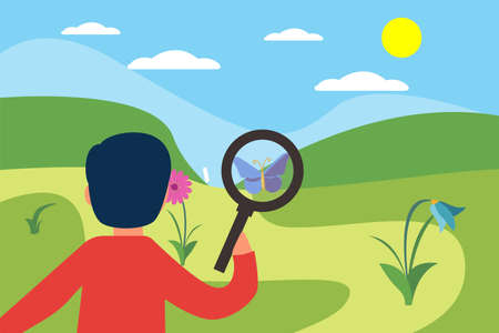 Entomology vector concept: closeup of unknown boy looking closely at the flying butterfly through magnifying glass in the middle of the green hillsのイラスト素材