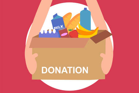 Donation box vector concept: unknown hands holding Donation cardboard box full of food itemsのイラスト素材