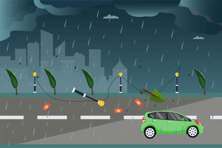 Thunderstorm vector concept: rainy thunderstorm on a traffic full of disarrayのイラスト素材