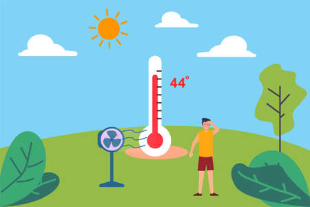 Summer heat vector concept: man cooling himself near the fan at the green hills full of heatのイラスト素材