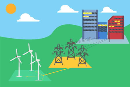 City power plant vector concept: windmills generating electricity and transmitting it to the cityのイラスト素材