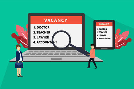 Job vacancy vector concept: businessman searching for job vacancy through the big laptop projecting list of professions with his huge magnifying glassのイラスト素材
