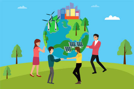 Alternative energy vector concept: group of people lifting big earth planet icon with other ecology icons inside at the green hillsのイラスト素材