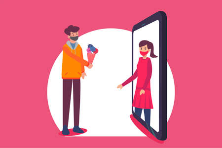 Online dating vector concept: man wearing face mask while giving a bouquet of flower to his...