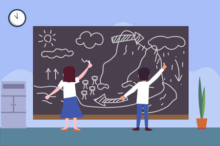 Water cycle vector concept: couple of students drawing water cycle diagram on the blackboardのイラスト素材