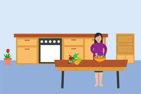 Obesity vector concept: fat woman mixing fruits and vegetables happily for a dessert in the kitchenのイラスト素材