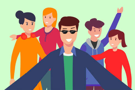 Friendship vector concept: group of teenagers taking selfie together happilyのイラスト素材