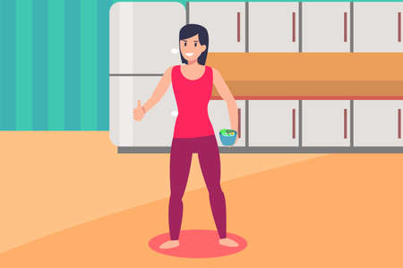 Vegetarian vector concept: woman doing thumbs up gesture while eating a bowl of salad happilyのイラスト素材