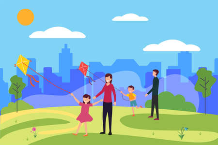 Family moment vector concept: group of family flying kites playfully at the city parkのイラスト素材