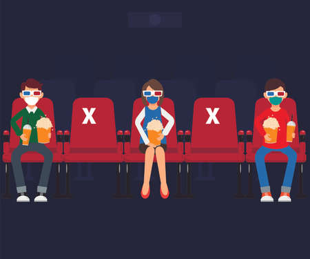 New Normal vector concept: group of people distancing themselves while watching movie at the cinemaのイラスト素材