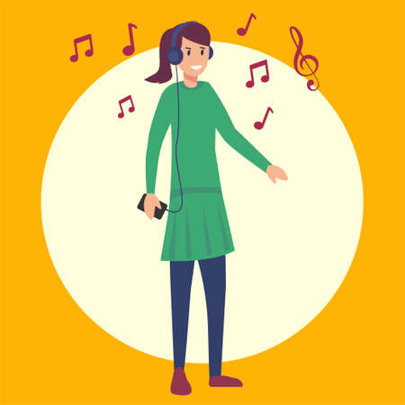 Hipster vector concept: woman listening music through her headphone and smartphone happilyのイラスト素材