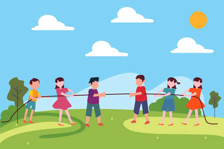 Tug of war vector concept: two groups of children playing tug of war at the green hillsのイラスト素材