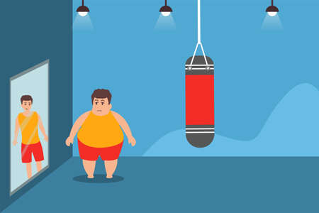Weight loss desire vector concept: fat man staring at the mirror reflecting his thin self