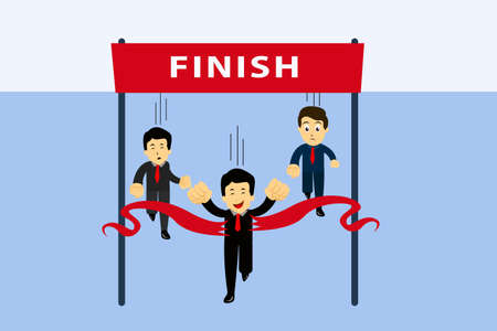 Business competition vector concept: businessman running towards the finish line ribbon joyfully while leaving his colleagues behindのイラスト素材