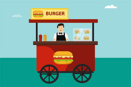 Street food vector concept: hamburger vendor welcoming the customers happilyのイラスト素材