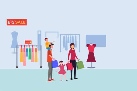 Family shopping vector concept: group of family shopping at the clothing storeのイラスト素材