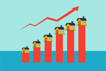 Real estate profit vector concept: rising business chart and arrow with houses on top of theseのイラスト素材