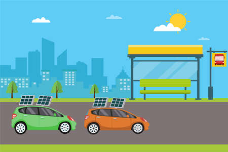 Solar car vector concept: traffic of cars with solar panel on the roadのイラスト素材