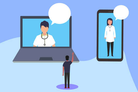 Online checkup vector concept: man doing health checkup by video calling the doctors through big laptop and smartphoneのイラスト素材