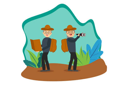 Senior travelers vector concept: old couple doing expedition happily while bringing their equipments