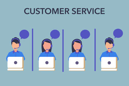 Customer Service vector concept: group of operators taking calls through each of their laptopsのイラスト素材