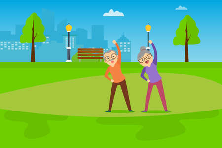 Healthy lifestyle vector concept: old couple doing warmup together at the city parkのイラスト素材