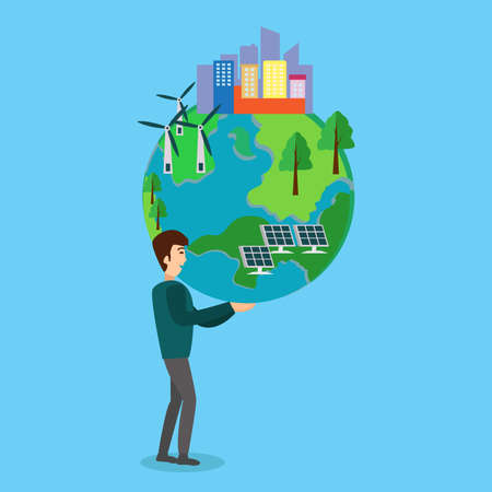 Alternative energy vector concept: man lifting big earth planet icon with other ecology icons inside happilyのイラスト素材