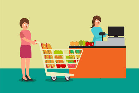 Groceries shopping vector concept: woman registering all of her groceries at the cashierのイラスト素材