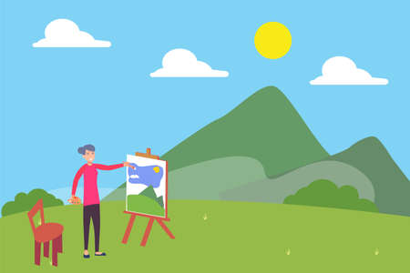 Landscape painting vector concept: old woman painting the landscape of hills and mountain happilyのイラスト素材
